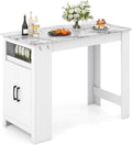 COSTWAY Bar Table, Modern Faux Marble Breakfast Table with 7 Hanging Hooks, Open Compartment, Storage Cabinet & Adjustable Shelf, Counter Height Dining Table for Kitchen, Dining Room, Living Room | 7 Hanging Hooks, Open Compartment, Storage Cabinet &