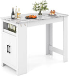 COSTWAY Bar Table, Modern Faux Marble Breakfast Table with 7 Hanging Hooks, Open Compartment, Storage Cabinet & Adjustable Shelf, Counter Height Dining Table for Kitchen, Dining Room, Living Room | 7 Hanging Hooks, Open Compartment, Storage Cabinet &