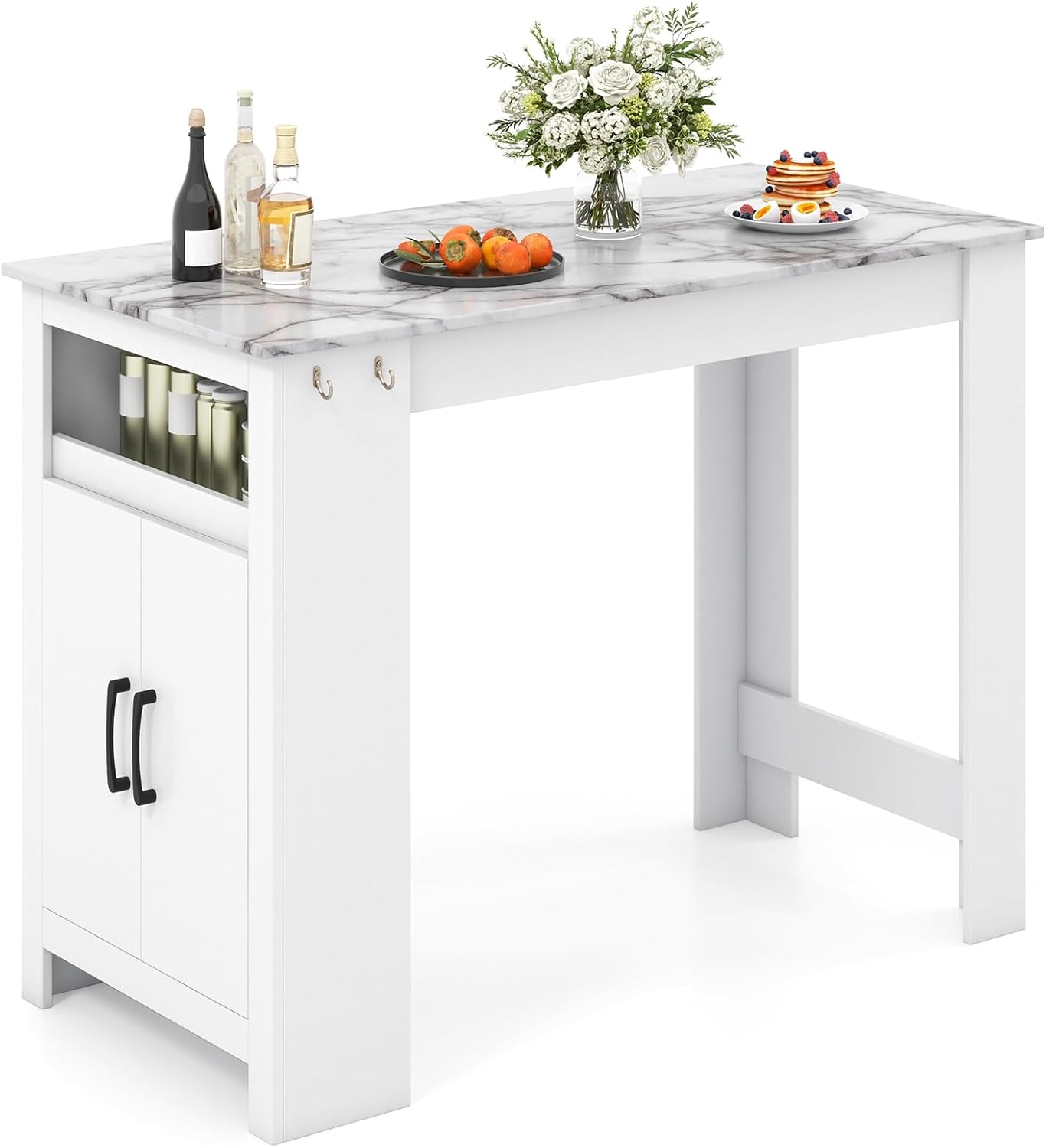 COSTWAY Bar Table, Modern Faux Marble Breakfast Table with 7 Hanging Hooks, Open Compartment, Storage Cabinet & Adjustable Shelf, Counter Height Dining Table for Kitchen, Dining Room, Living Room | 7 Hanging Hooks, Open Compartment, Storage Cabinet &