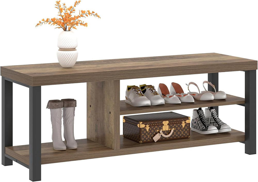 FOLUBAN Shoe Bench for Entryway, Wood and Metal Indoor Bench with Shoe Storag...