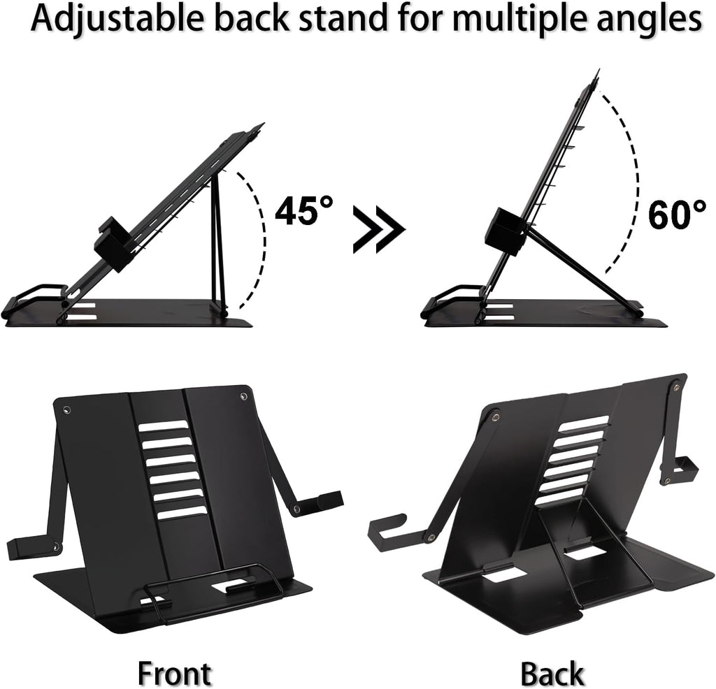 Metal Desk Book Stand for Reading with Adjustable Clips, Hands-Free Foldable Book Holder for Kids, Portable Document Stand for Desk, Display Stand for Recipes, Cookbooks, Tablets - Black