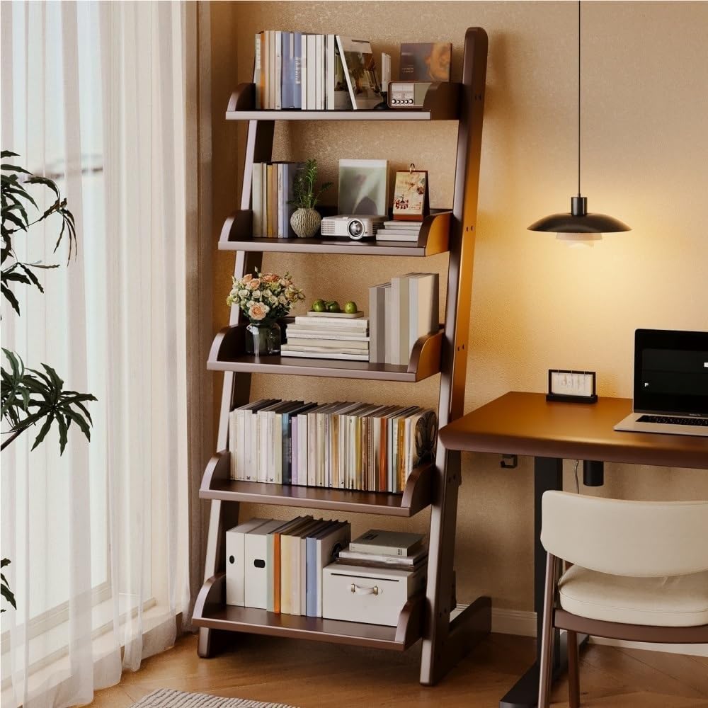 5-Tier Solid Wood Ladder Bookshelf with Modern L-Shaped Legs, Multifunctional Leaning Storage Shelf for Living Room, Bedroom & Home Office Organization