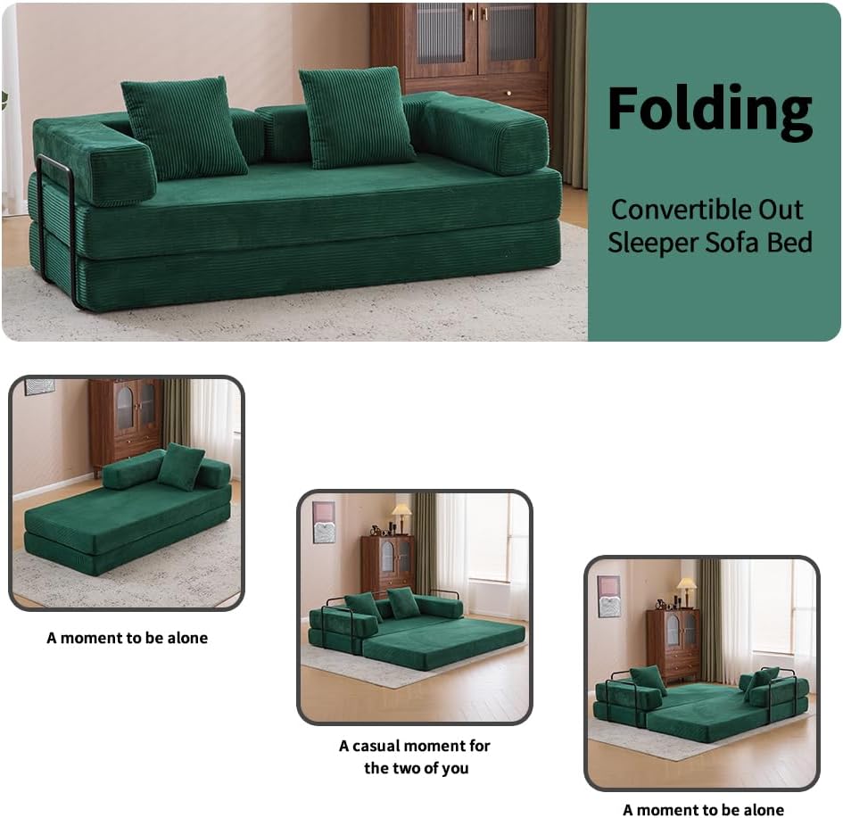 ZEIINPA Convertible Floor Sofa Bed with Fixed-Shape Frame, Modular Corduroy Folding Mattress Couch with Armrest, Floor Sofa Lounge Couch for Living Room Bedroom Lounge Studio,Emerald Green