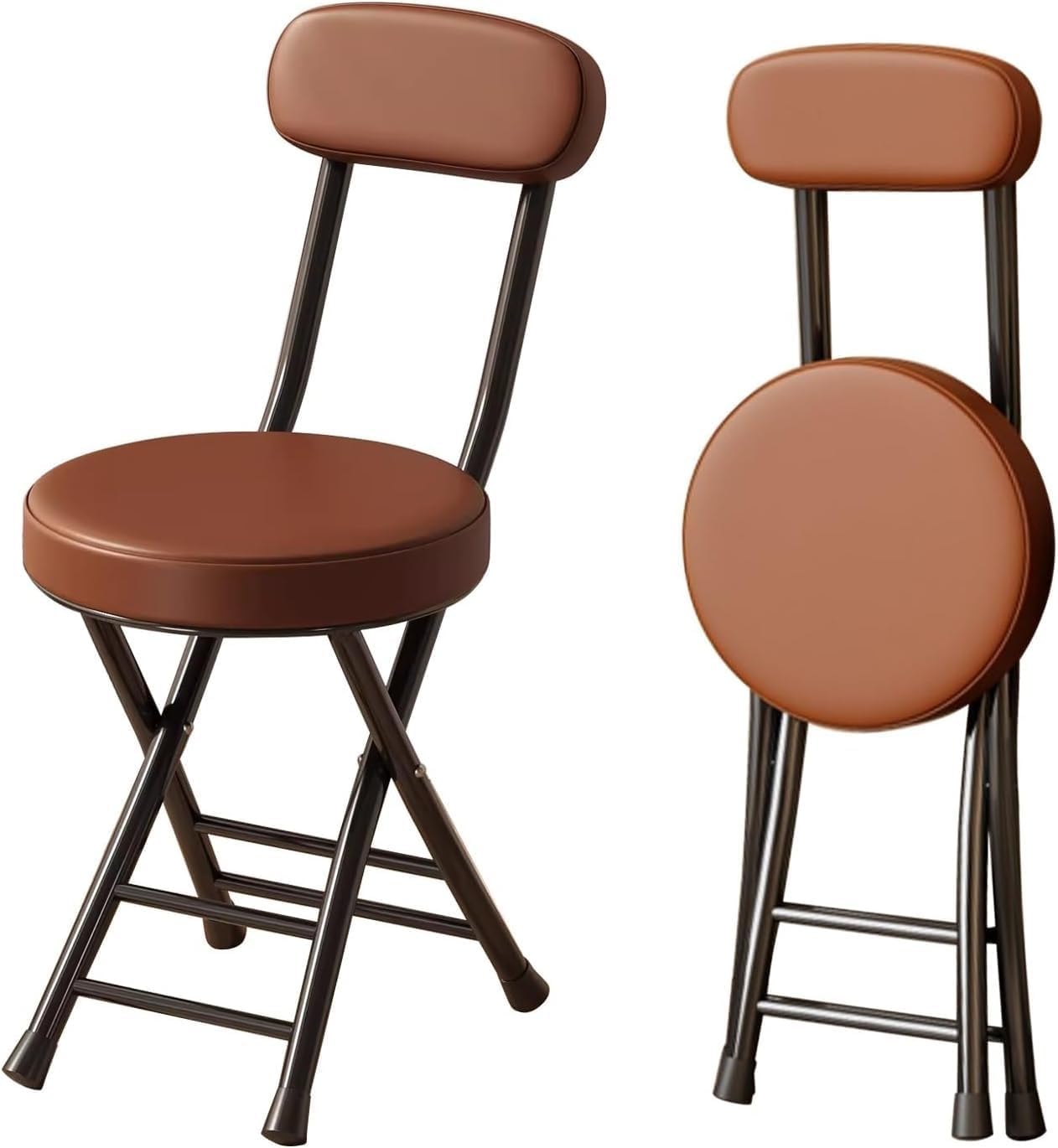 2 Pack Folding Chairs, PU Dining Chair Set with Padded Cushion and Back, Indoor Outdoor Upholstered Commercial(Brown)
