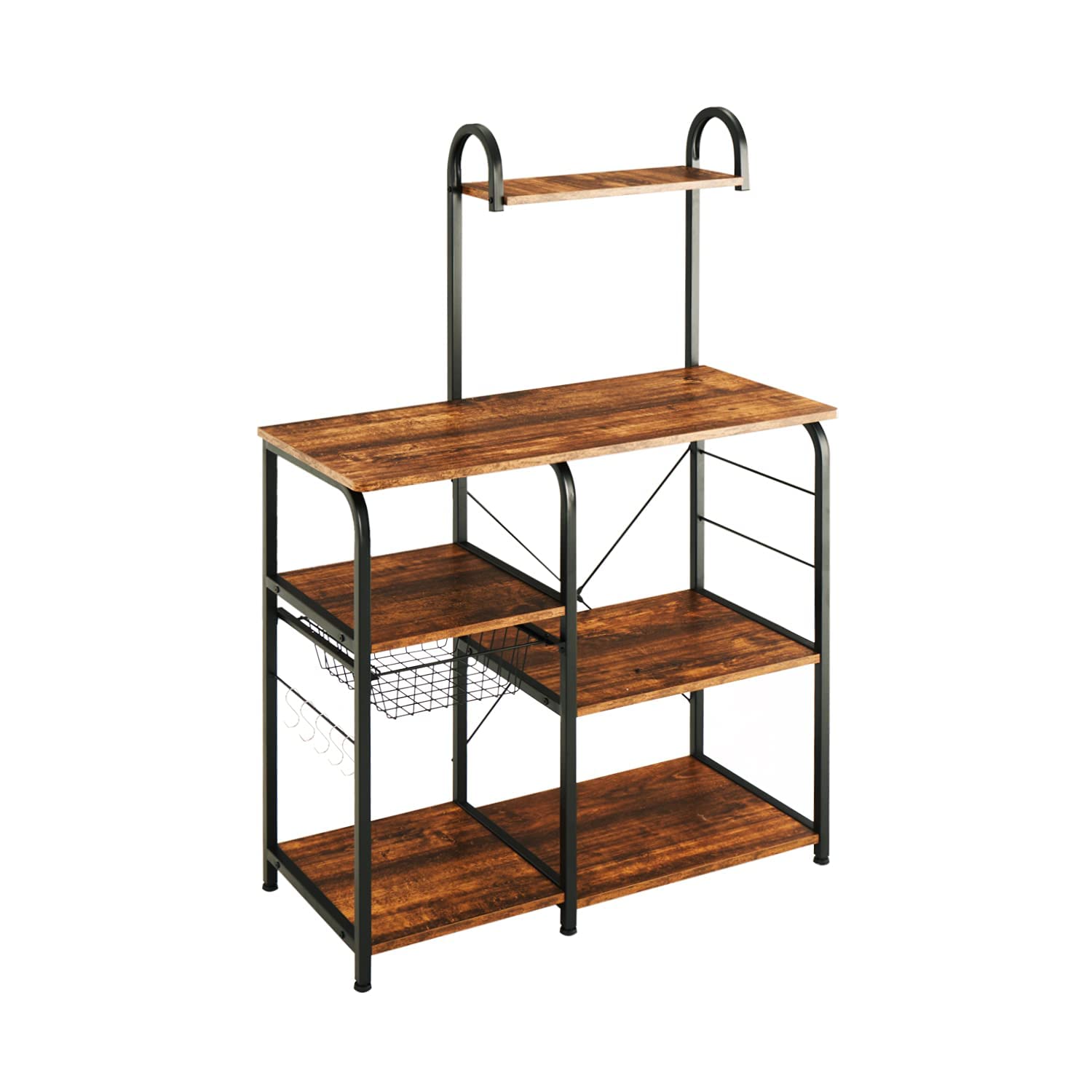 Excited Work Kitchen Baker's Rack Utility Storage Shelf Microwave Oven Stand 3-Tier+4-Tier Coffee Bar Table with Wire Basket and 5 S-Shape Hooksfor Spice Rack, Metal Frame, Black