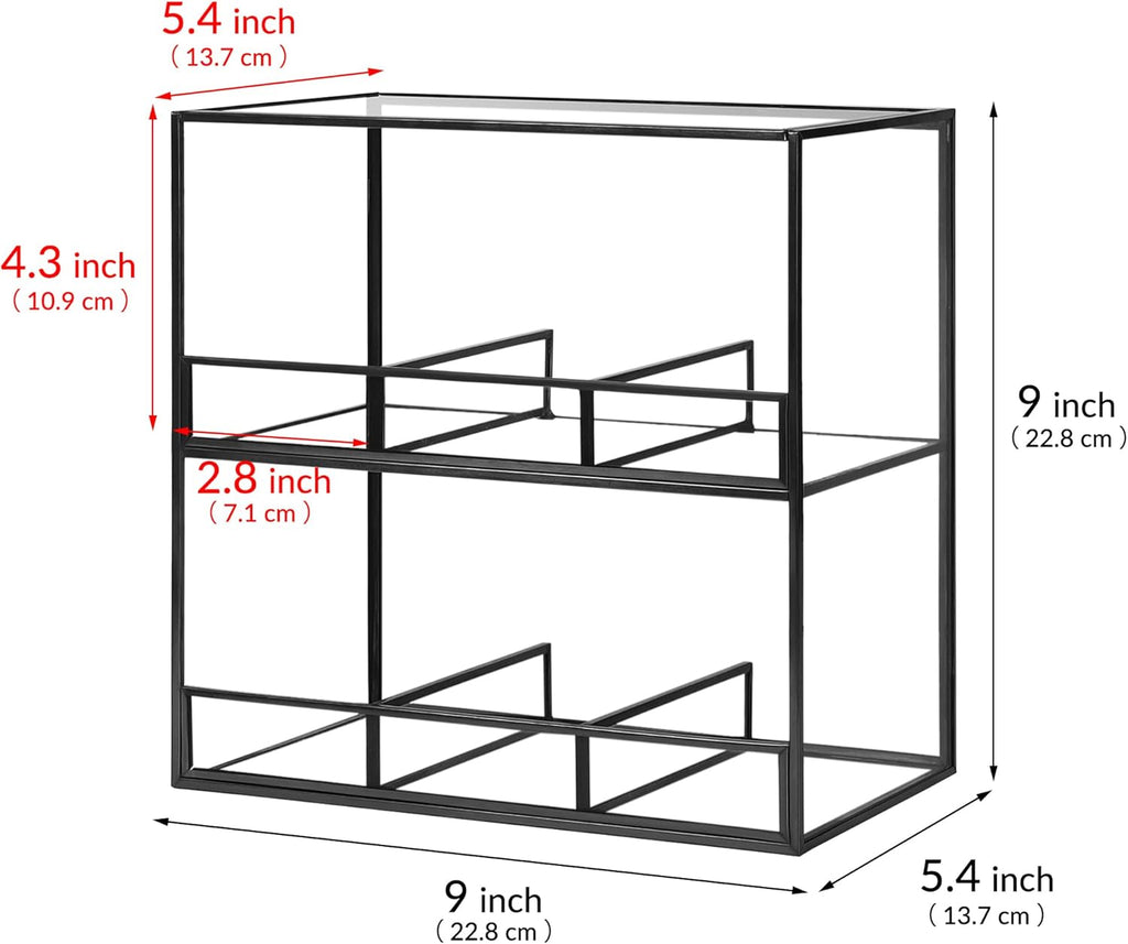 Glass Tea Bag Organizer for Counter, 2-Tier Teabag Organizer Storage Holder for Tea Bags, Glass Caddy Box Containers, Rack Teabag Station Stand for Cabinet Kitchen, 2-Tier, Black