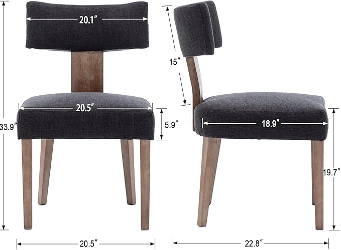 Linen Dining Chairs Set of 2, Modern Dining Chair with Curved Backrest and Wood Legs Upholstered Dining Chairs Farmhouse Dining Room Chairs Kitchen Chairs, Charcoal
