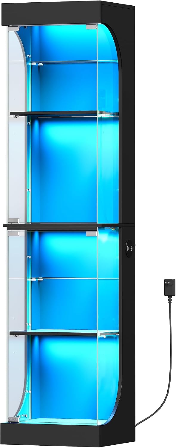 Hzuaneri Glass Display Cabinet 4-Tier Display Case with RGB Lights Black | Cu...