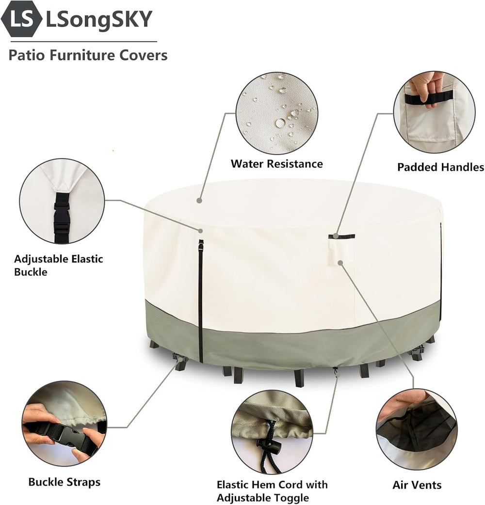 Round Patio Furniture Covers,600D Heavy Duty Waterproof Outdoor Furniture Cov...
