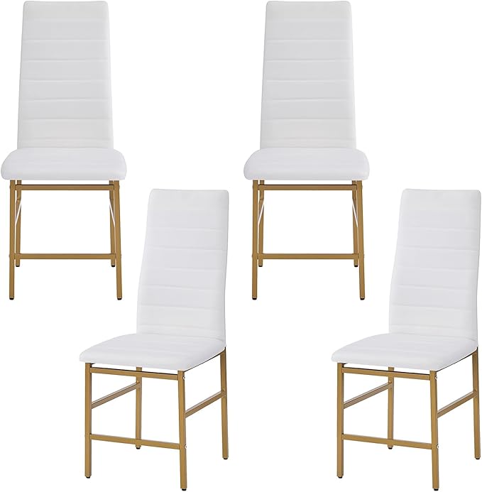PU Dining Chairs Set of 4, Modern Kitchen & Dining Room Chairs Faux Leather Upholstered Dinner Chairs with Metal Legs for Small Space (Gold, Crossbar)