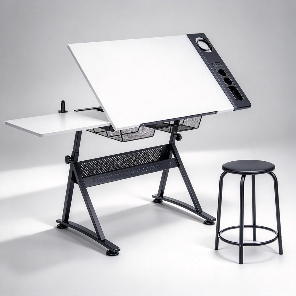Athena Collection Wooden Drafting Table W/Stool, Tilting Art Desk, White