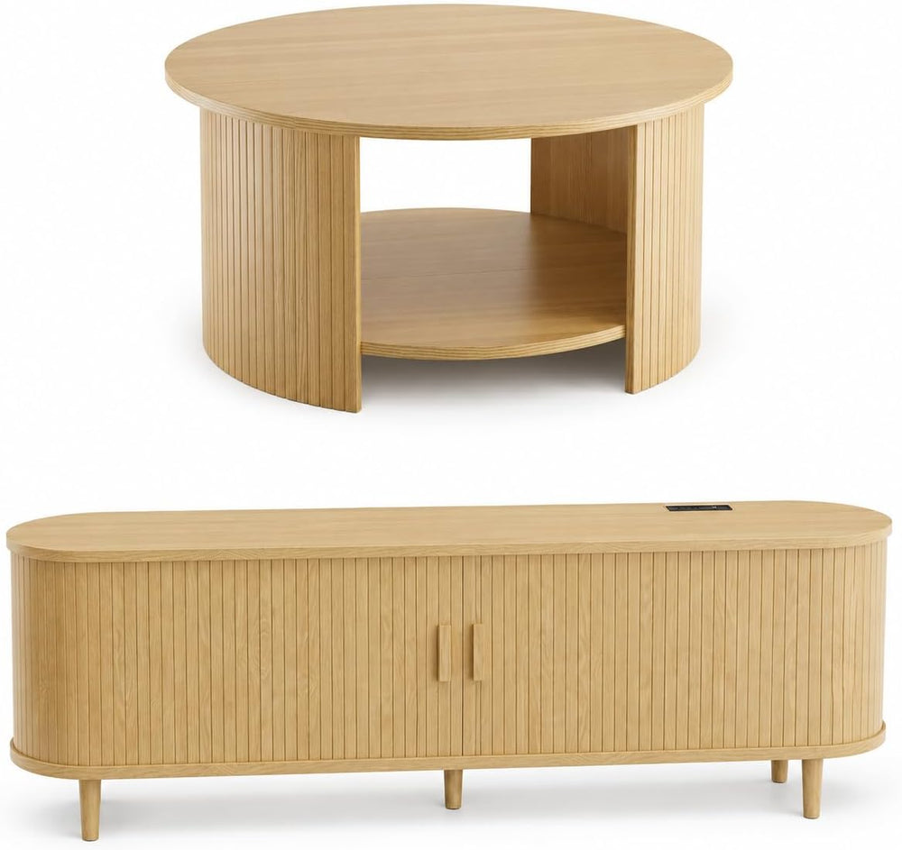 Living Room Table Set of 2, 65" Mid Century Modern TV Stand with Power O...