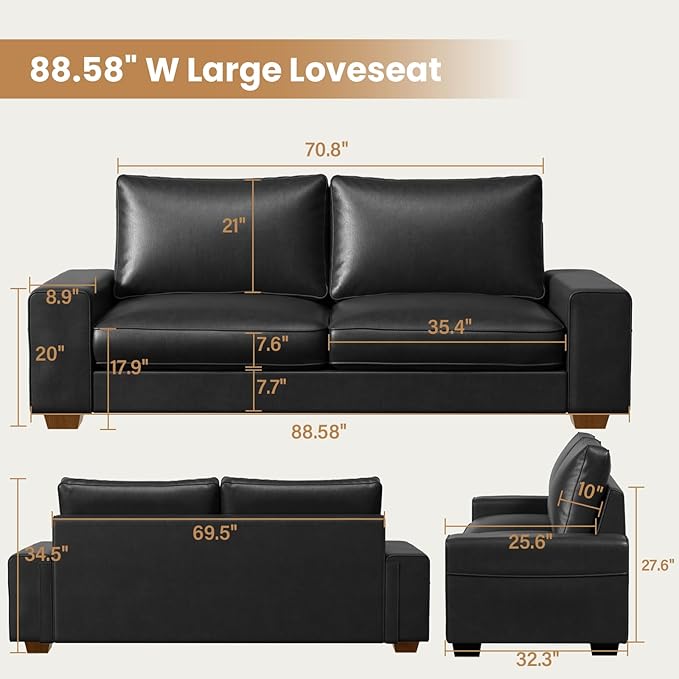 Modern Faux Leather Sofa, Large Couch with Spring Cushions & Solid Wood Frame, Easy-to-Clean Removable Cover, Spacious Living Room Family Furniture, Extra Long Couch (88.58", Black)