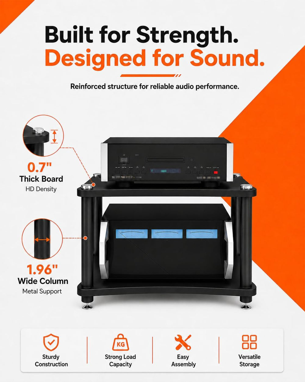 Heavy Duty 2-Tier AV Media Stand, 176 lb Load Capacity, Black | anti-vibratio...