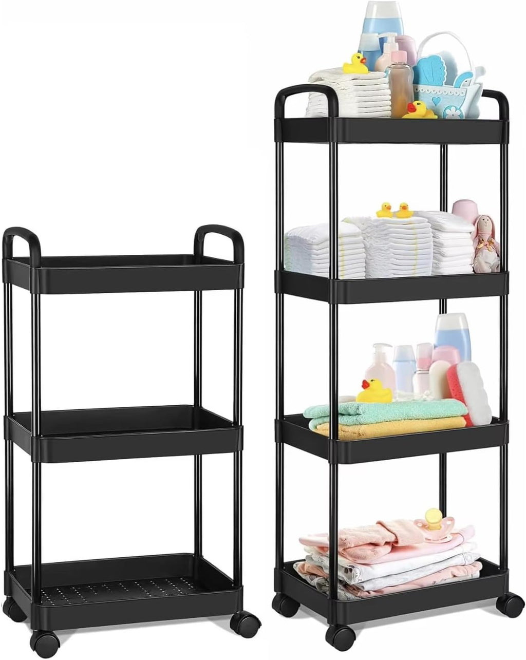 3-Layer, 4-Layer Rolling Cart with Wheels, Detachable Utility Storage Cart with Handle Storage Basket Organizer Shelves for Bathroom, Kitchen Pack of 2