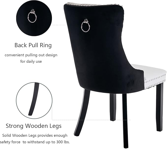 Dining Chairs Set of 6, Upholstered Dining Room Chairs with Back Ring Pull Trim and Solid Wood Legs, Modern Tufted Kitchen Chairs Perfect for Dining Room, White Pu Leather Splicing Black Velvet