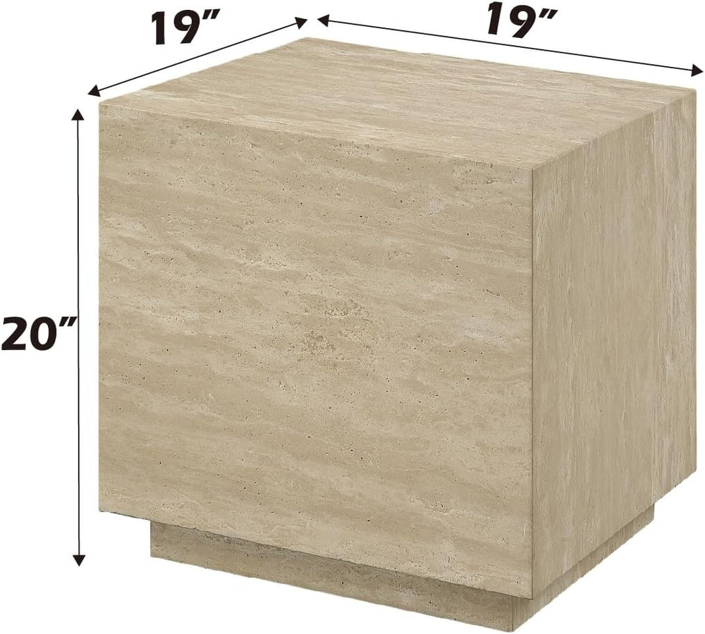 Acme Deon Contemporary Plywood and Travertine Square End Table in Natural Beige