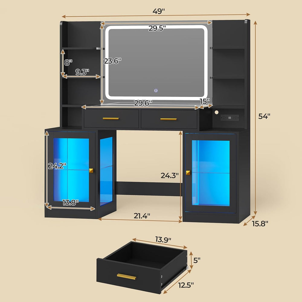 ADORNEVE Makeup Vanity with Mirror & Lights, Glass RGB Cabinets, Black | ...