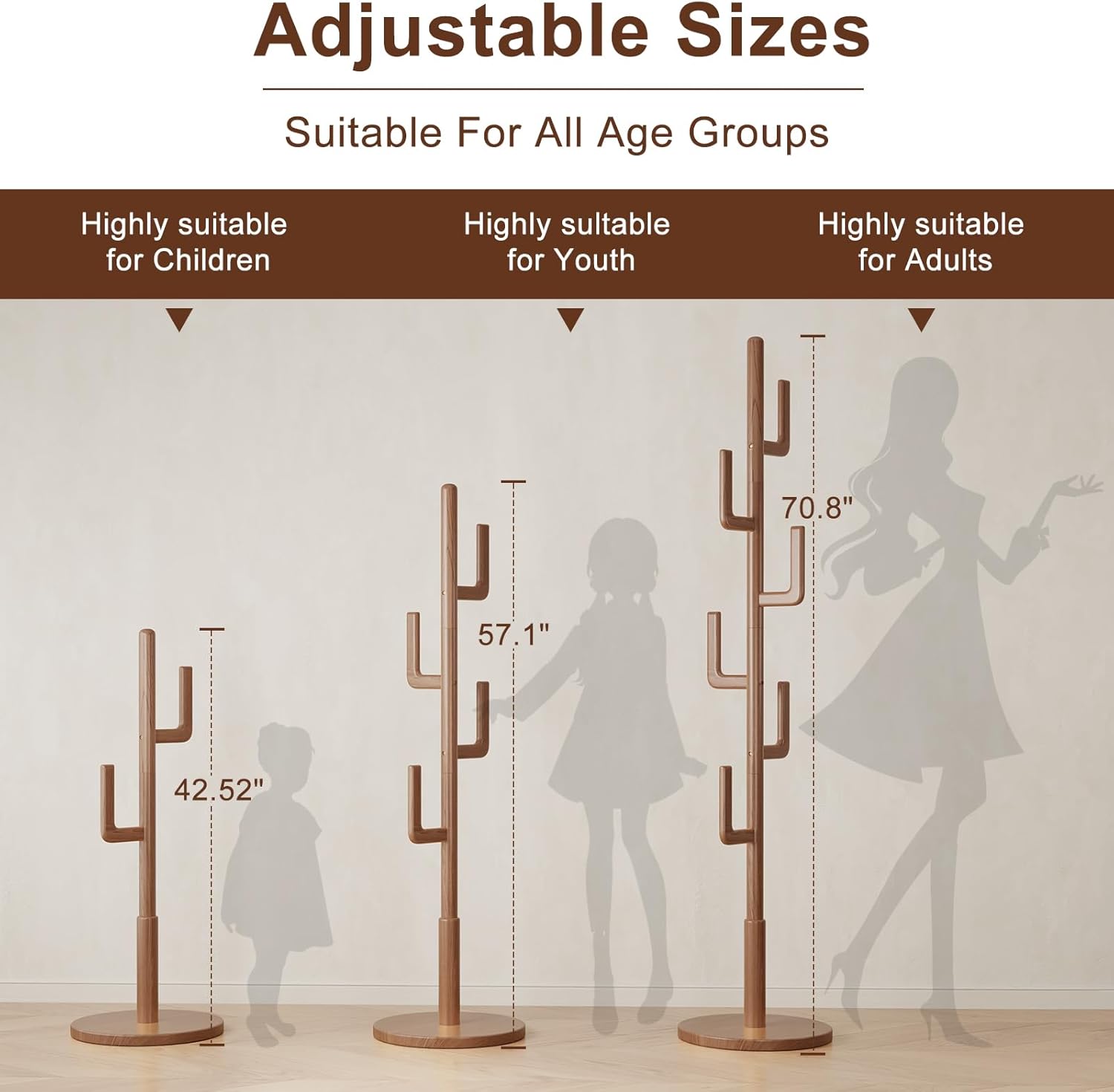 Muwuele Solid Wood Cactus Coat Rack, Freestanding Coat Rack With 6 L-Shaped Hooks and 3 Adjustable Sizes, Coat Tree for Bedroom, Entryway, Livingroom, Coat Hanger Stand for Coats, Handbags (Walnut)
