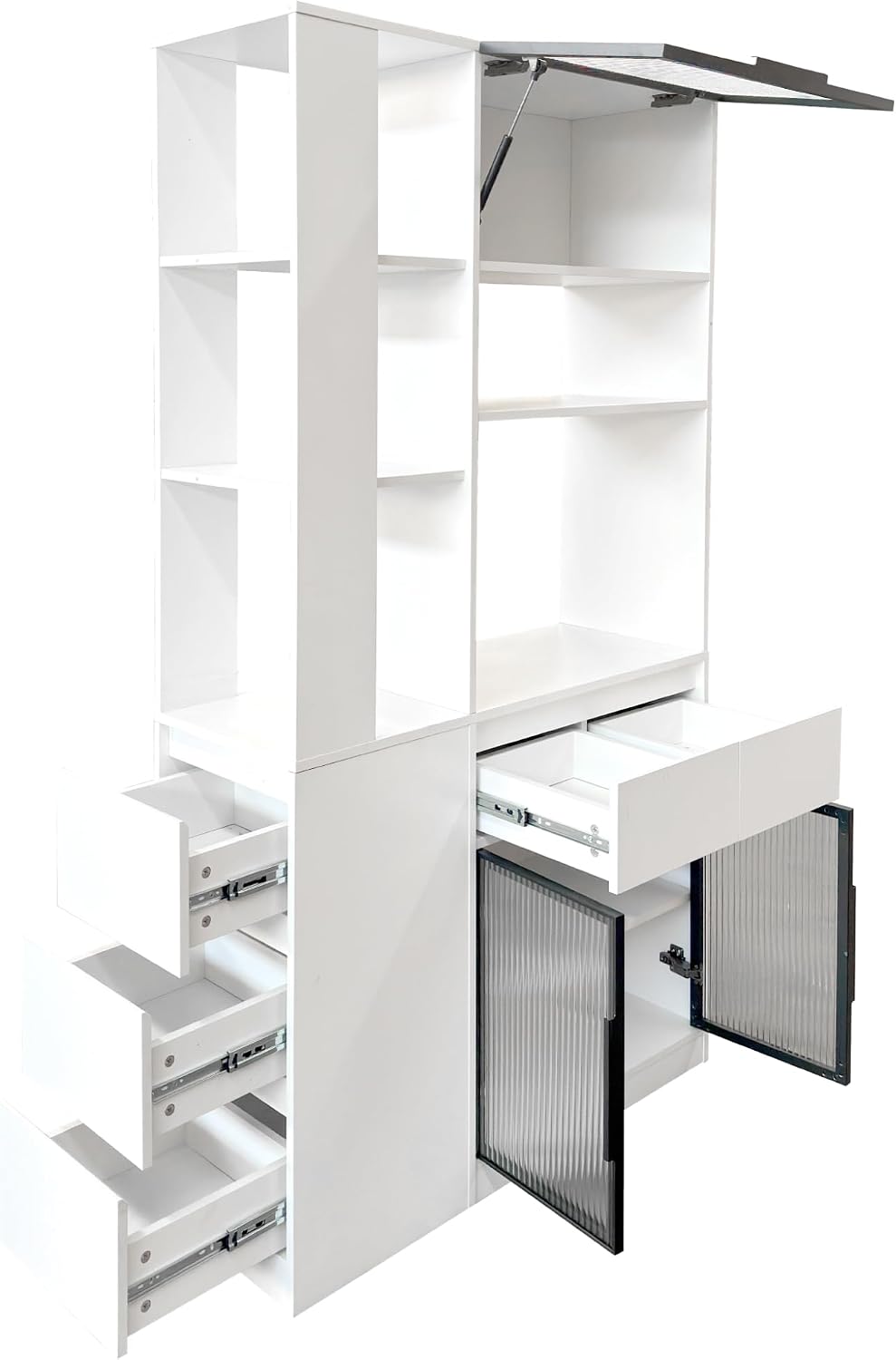 Modern 70.87" Tall Storage Cabinet with 5 Drawers, Glass Doors and Displ...