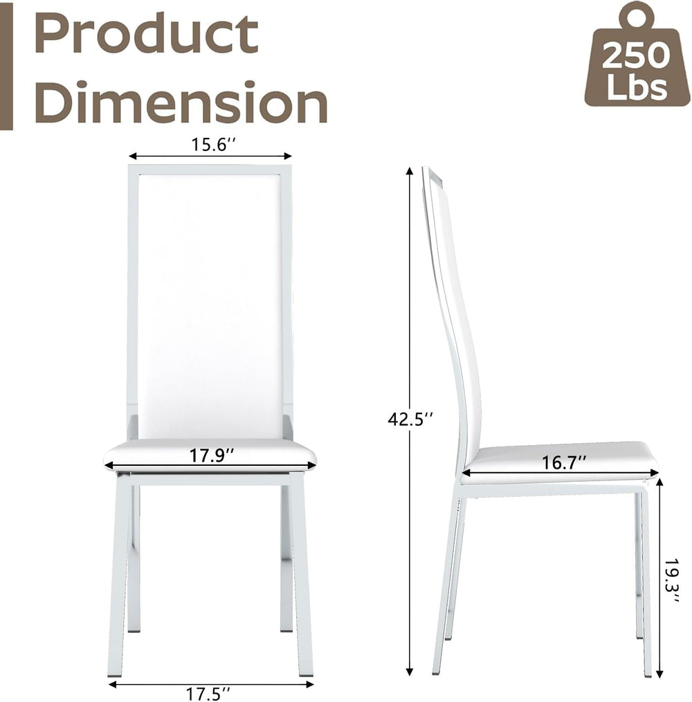 Modern Dining Chairs Set of 6, White Faux Leather with Chrome Silver Metal Le...