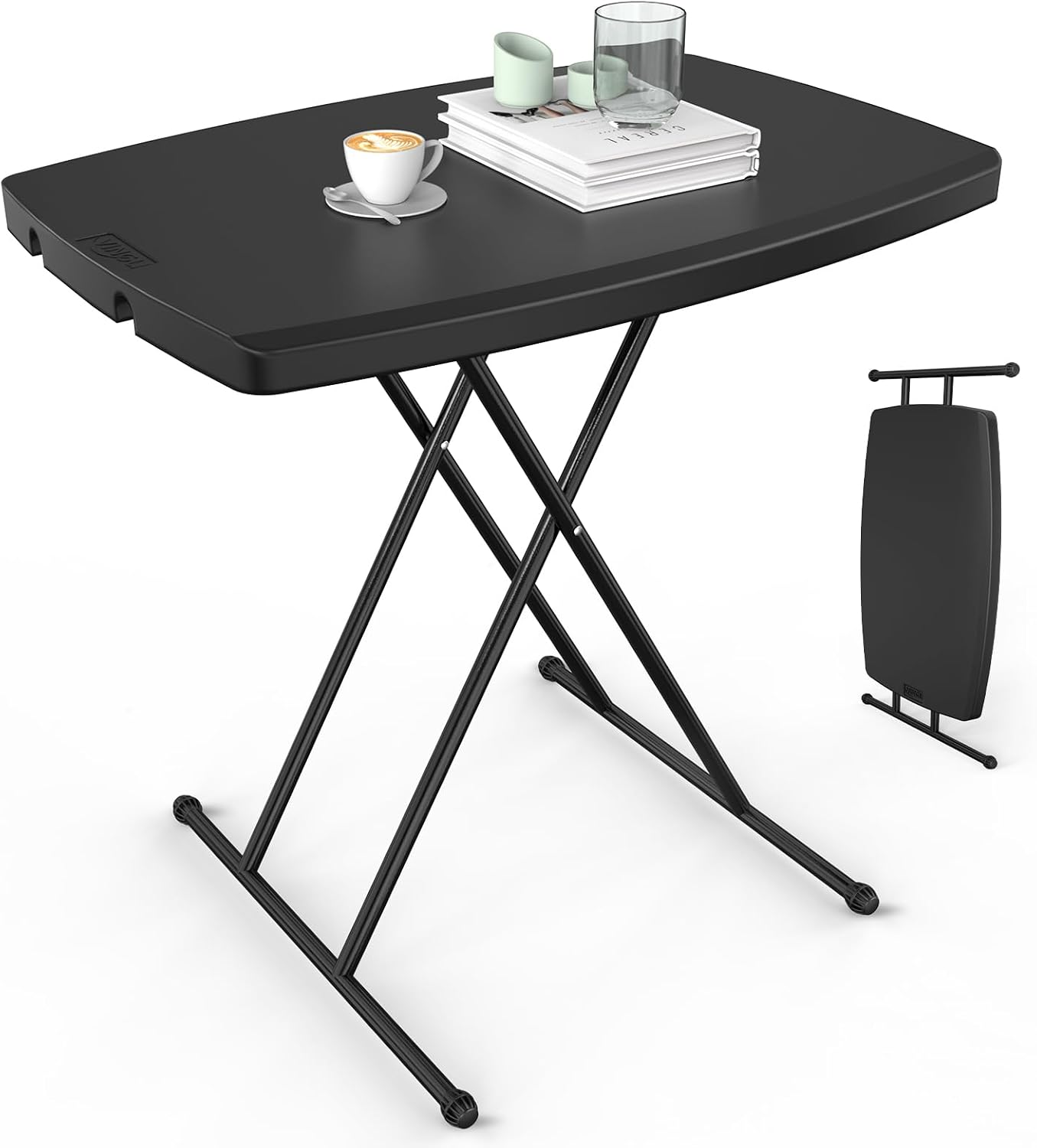 VINGLI 30" Small Folding Table Portable, Laptop TV Tray, Camping Table | 3 Ajustable Height, HDPE Top with Steel Frame,Black- Small Office Spaces, Gaming Station, a Craft Table or Dining