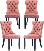 Pink Velvet Dining Chairs Set of 4, Tufted Upholstered Dining Room Chairs with Back Ring Pull, Nailhead Trim and Solid Wood Legs, Modern Dining Chairs for Dining Room, Kitchen,Pink