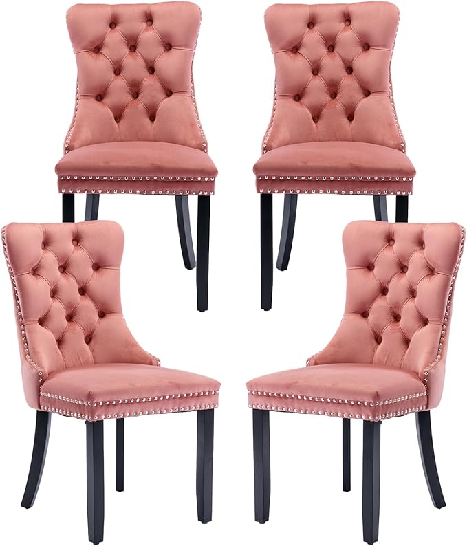 Pink Velvet Dining Chairs Set of 4, Tufted Upholstered Dining Room Chairs with Back Ring Pull, Nailhead Trim and Solid Wood Legs, Modern Dining Chairs for Dining Room, Kitchen,Pink