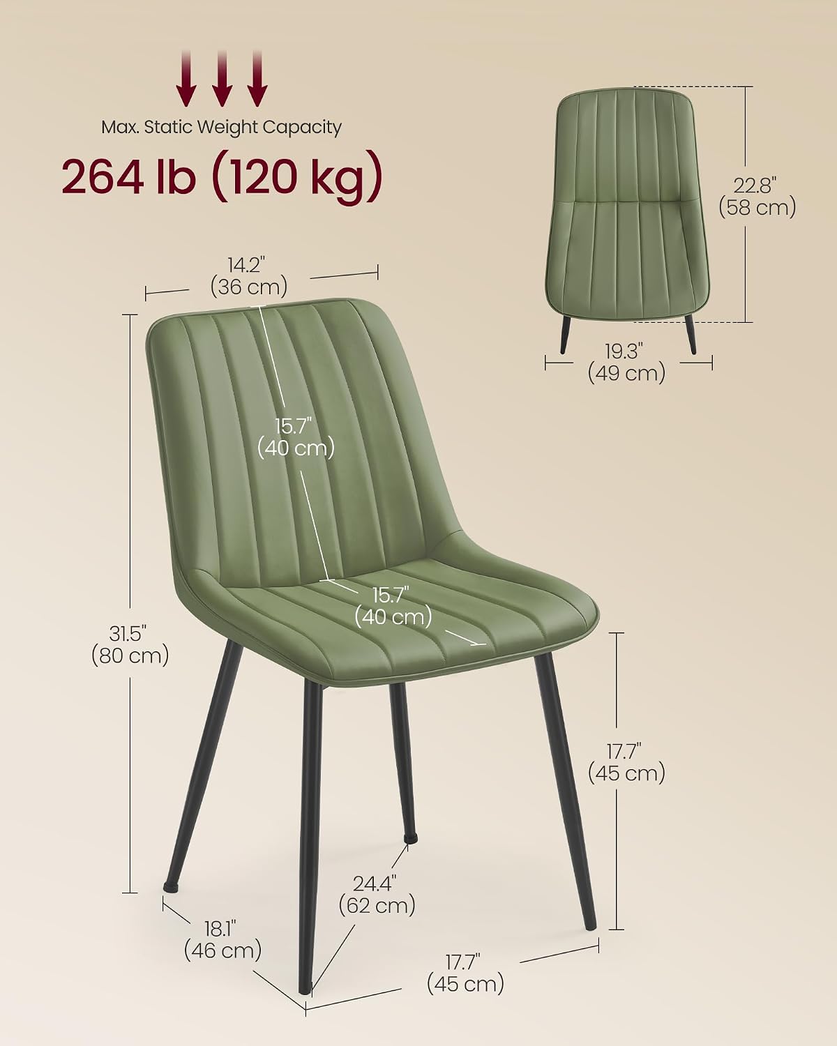 VASAGLE Dining Chairs Set of 4, Upholstered Kitchen Chairs, Synthetic Leather, Max. Load 264 lb, Steel Legs, Curved Backrest, for Dining Room, Forest Green and Ink Black ULDC090CH02-2J