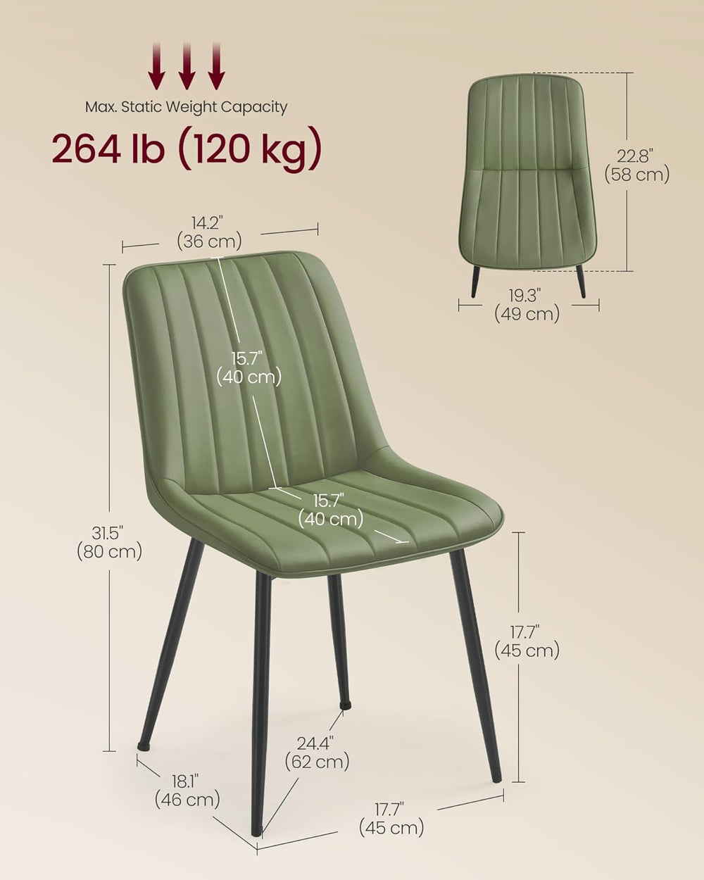 VASAGLE Dining Chairs Set of 2, Upholstered Kitchen Chairs, PU Leather | Stee...