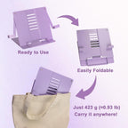 Metal Desk Book Stand for Reading with Adjustable Clips, Hands-Free Foldable Book Holder for Kids, Portable Document Stand for Desk, Display Stand for Recipes, Cookbooks, Tablets - Purple