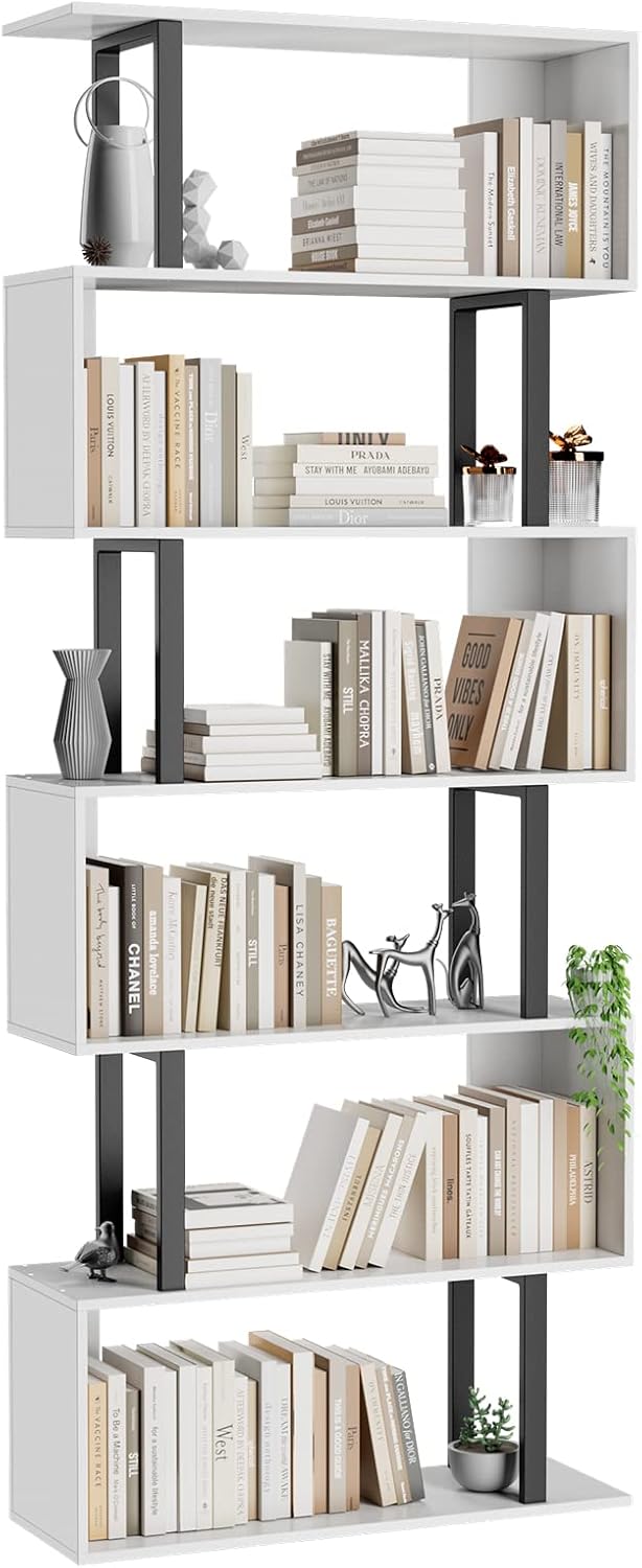 Gadroad 6-Tier Tall Bookshelf, S-Shaped Book Shelf Unit, White