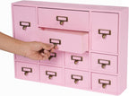12-Drawer Wooden Storage Cabinet Organizer, Apothecary Cabinet Vintage Library Card Catalog Cabinets for Countertop Apothecary Tea Coffee Pod Storage (Pink)