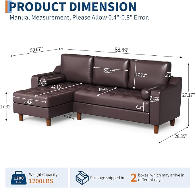 GarveeHome 88.9" L-Shape Sofa with Convertible Chaise, Sectional Leather Sofa with Deep Seat, Modern Mid-Century Sofa for Living Room, Comfy Leather Couch, Brown