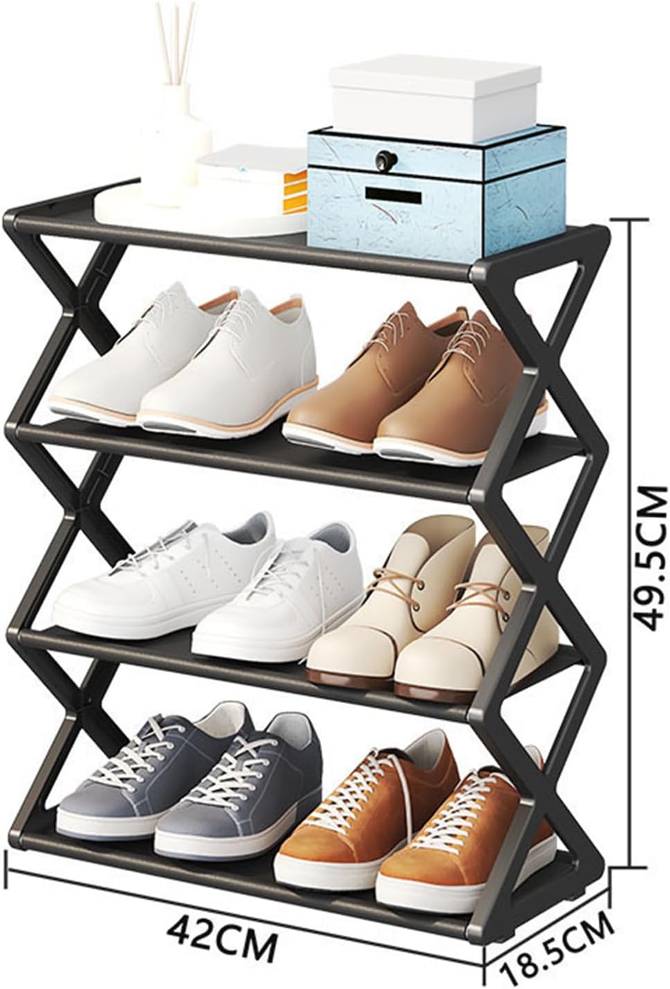 4 Tier Foldable Shoe Rack, Standing Shoe Storage Organizer with No Tool Assembly for Hallway Entryway Bedroom (Black)