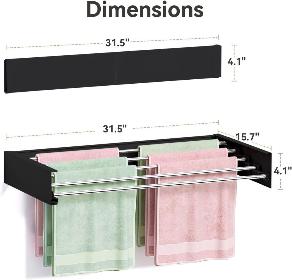 Wall Mounted Clothes Drying Rack, 5 Aluminum Rods, Collapsible, White, 32 inches (Black, 32'')