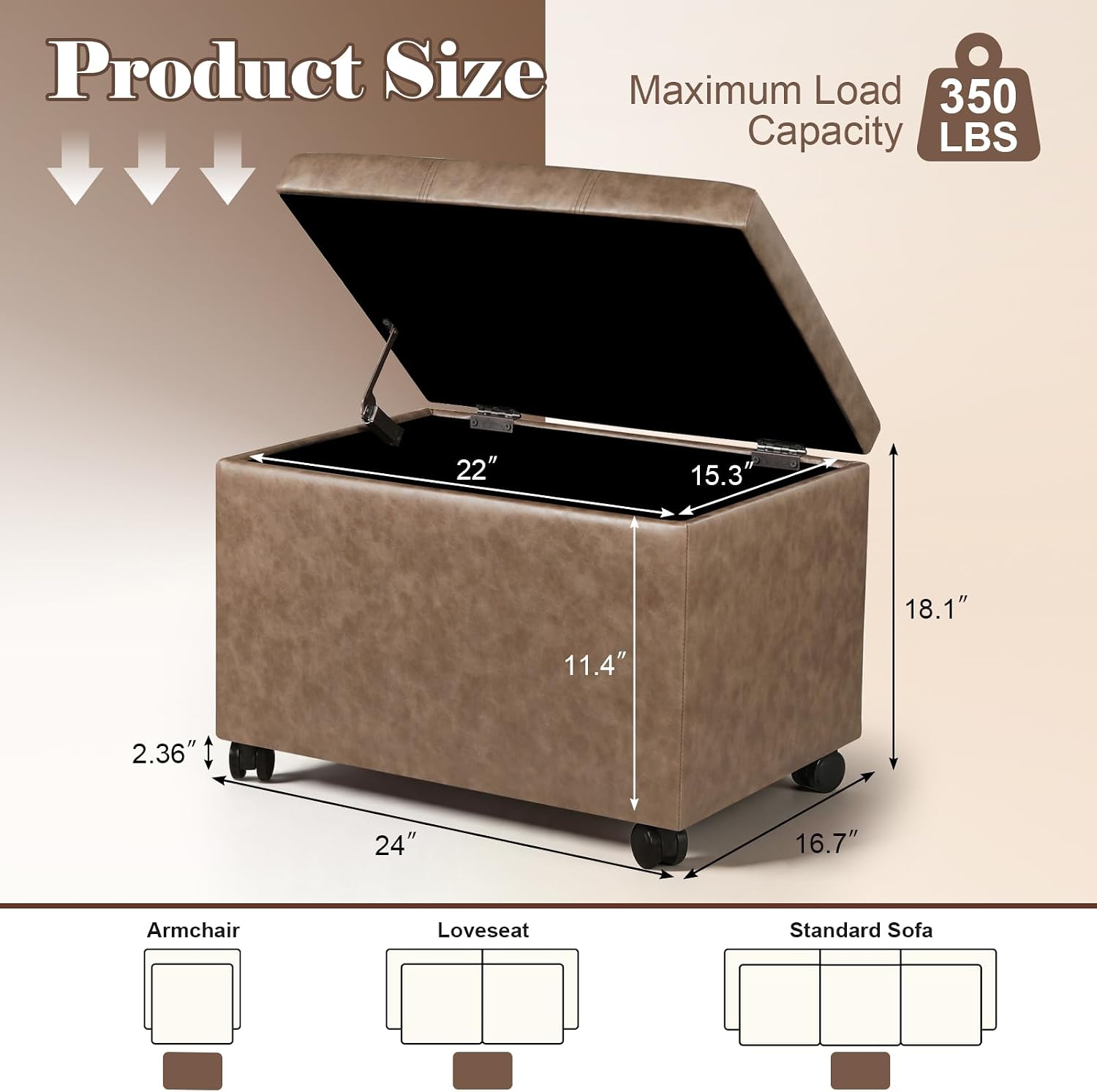 Joveco 24" Storage Ottoman Bench with Wheels, Rectangle Faux Leather Foot Stool for Living Room, Bedroom, Entryway, Earthy Light Brown Veining
