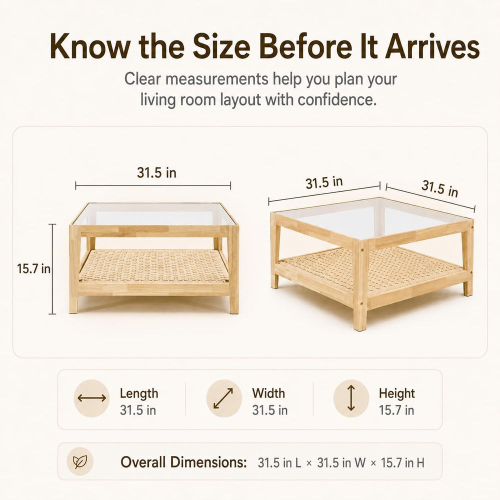 31.5" Square Tempered Glass Coffee Table, 2-Tier Woven Shelf, Wood