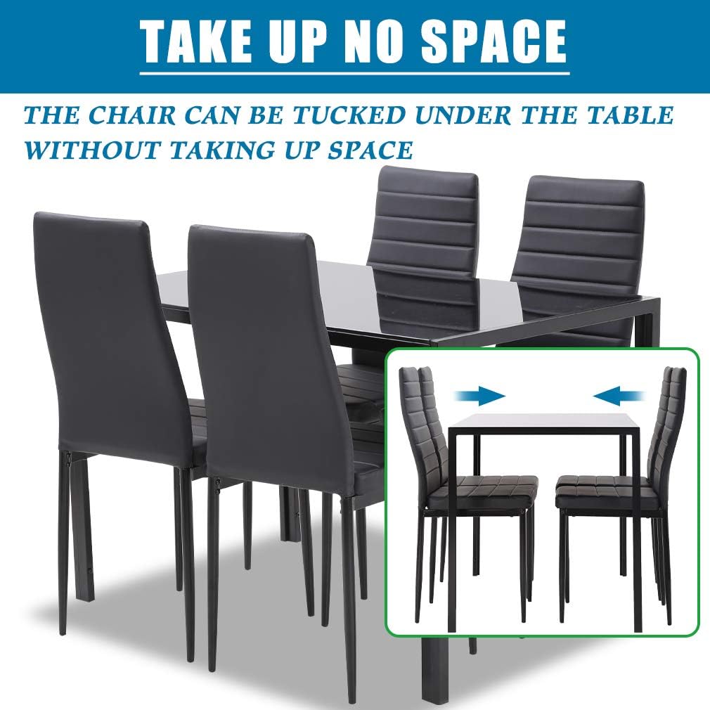 FDW | 5-Piece Dining Table Set | Black | Glass Kitchen Table with 4 Upholstered Chairs and Faux Leather Cushions | Space-Saving and Modern Design | for Dining Room, Easy to Assemble