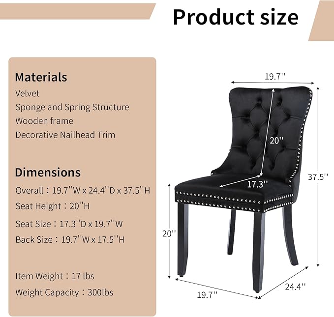 Modern Dining Chairs Set of 4, Tufted Upholstered Dining Chair with Solid Wood Legs, Black Velvet Accent Chair, Sillas de Comedor, 4 Dining Chairs (Black, Velvet, 4Pcs)