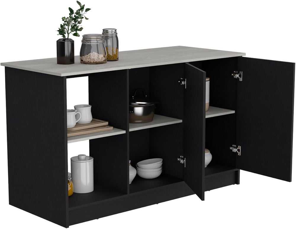 Kitchen Island with Large Top Surface and Double Door Cabinet Black/Ivory | I...