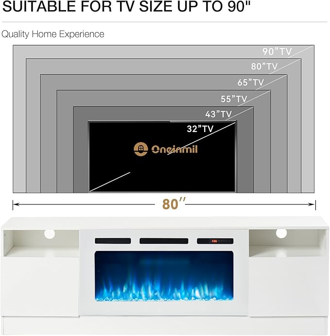 oneinmil 80” TV Stand with 36” Electric Fireplace, Large Modern Media Entertainment Center with Storage Cabinet and 12 Colors LED Lights for TVs Up to 90", White+White
