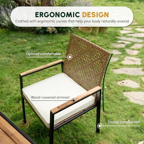 5 PCS Acacia Wood Patio Dining Set, Yellow & White