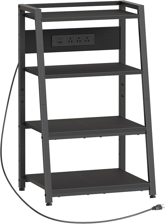 HOOBRO 4-Tier AV Media Stand with Charging Station and LED Light, Wooden Stereo Cabinet, Media Audio Tower Rack, Corner TV Stand, Record Player, Entertainment Device, Black BB106UDCJ01