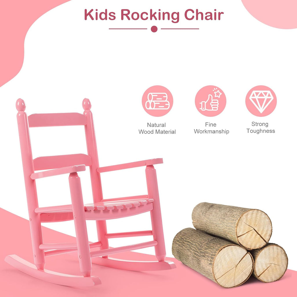 Kids Rocking Chair, Design Support Ages 3-6 for Outdoor, Pink | Solid Wood Toddler Baby Rocker, High Backrest & Rounded Armrests and Ergonomic, Living Room or Reading Room Use