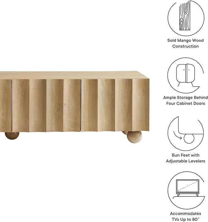 Modway Sorren 71 Inch Scalloped TV Stand in Natural – 4 Door Media Console Cabinet – Modern Storage TV Stand with Doors