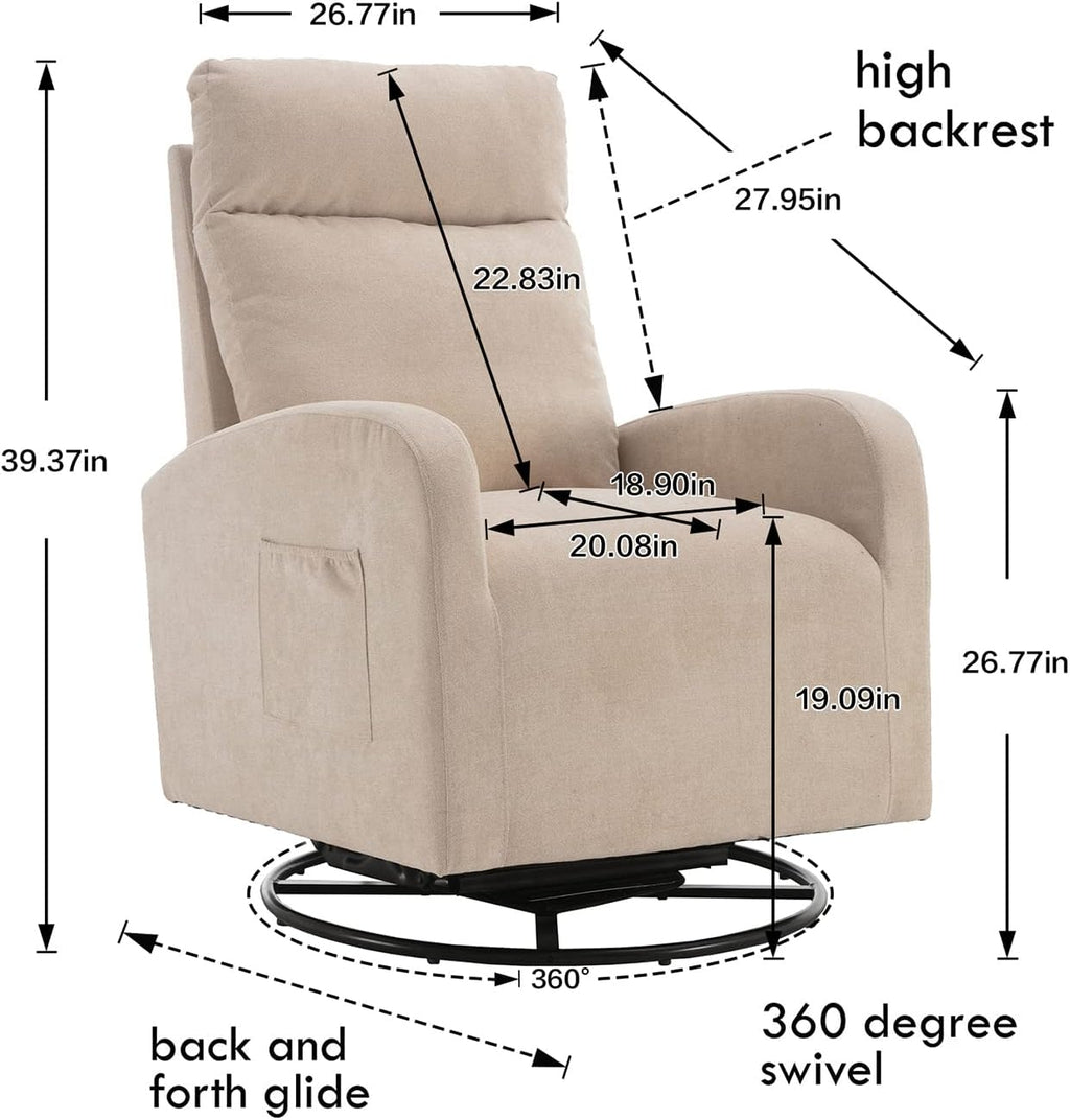 LUCKHAO Swivel Rocking Chair，Nursery Swivel Glide Armchair Linden Fabric Upholstered Modern Rocking Chairs with High Backrest for Nursery, Bedroom, Living Room（Beige