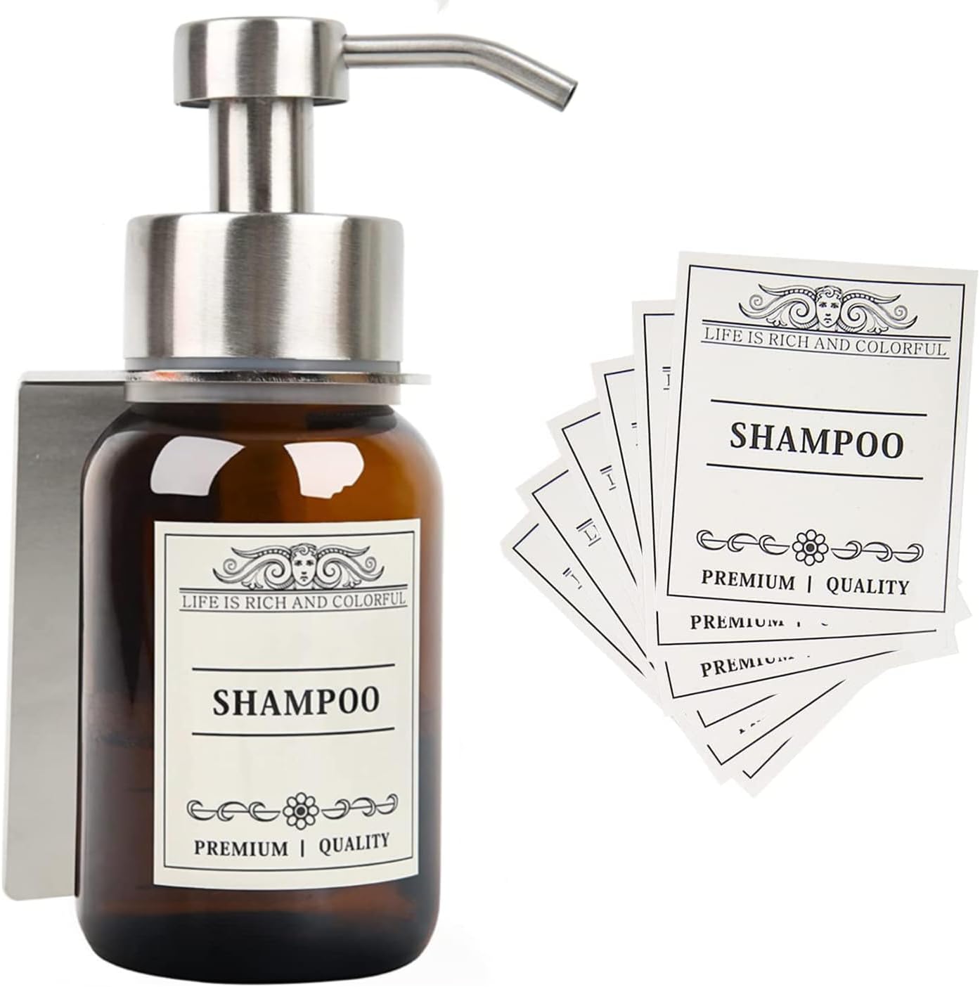 Hand Soap Dispenser,8.5 Oz Wall Mounted Shampoo and Conditioner Dispenser and Stainless Steel Bracket for with Waterproof Labels and Leakproof Pump(Silver Mount)