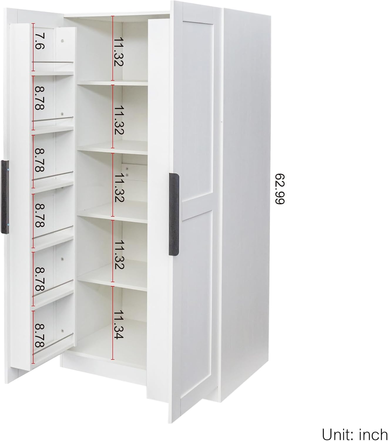 62.99in Kitchen Pantry Cabinet, Freestanding Buffet Cupboards Sideboard with Doors & Shelves, Kitchen Pantry Storage Cabinet Multiple Storage Space, for Living Dinning Room (White)