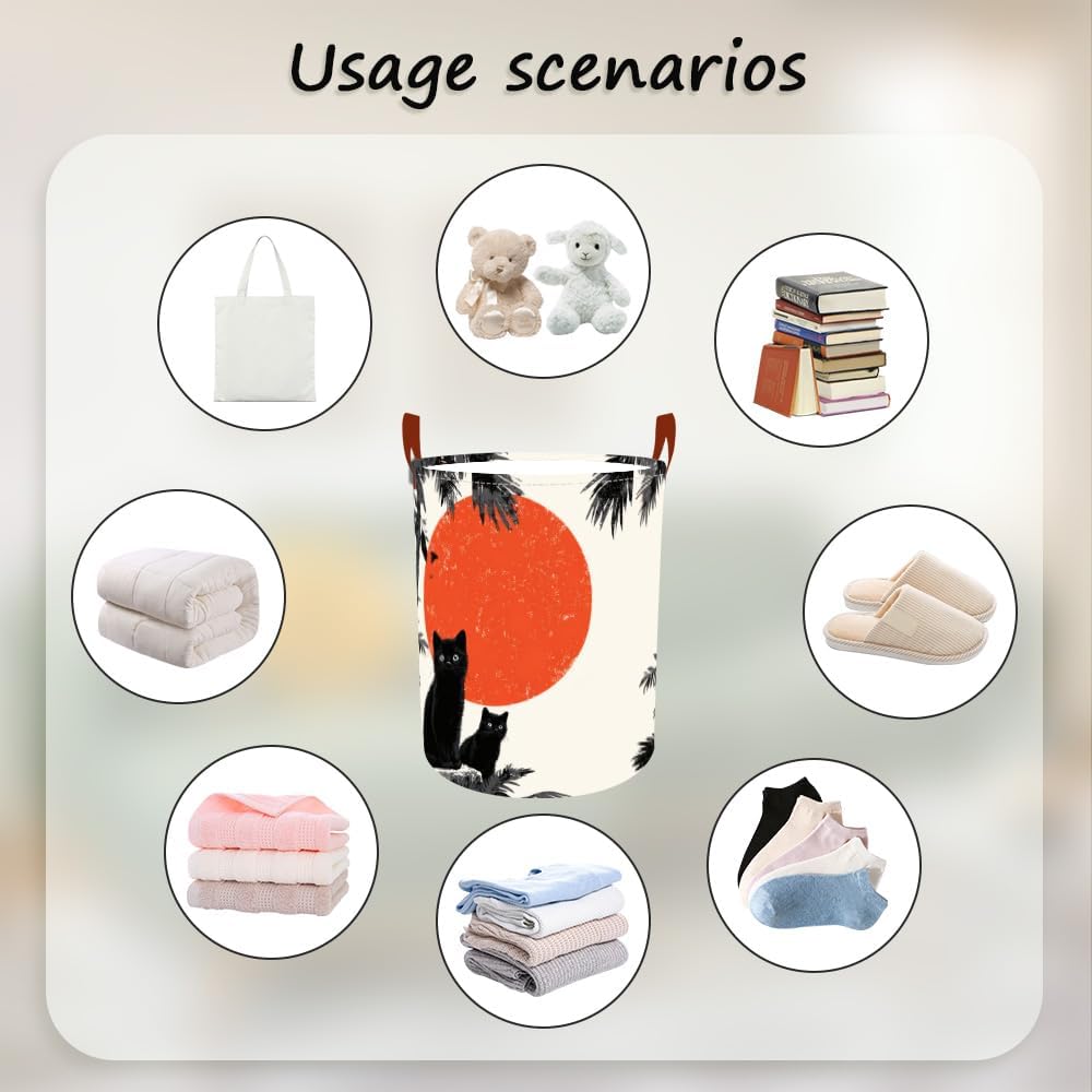 Laundry Baskets 15.7x19.7 Inch Large Black Cat Red Sun Jungle Design Collapsible Laundry Hamper with Handles Oxford Fabric Clothes Storage Bin Foldable Dirty Clothes for Bedroom Bathroom Dorm